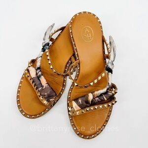 ASH Paprika Studded Leather Strappy Sandal in Nude/Floulard with Silk Scarf
